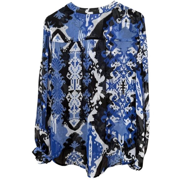 CHICO'S Trapunto Blouse Size 12 / L (Chicos 2) Blue Black Ikat Flowy Chiffon NWT - Picture 4 of 14